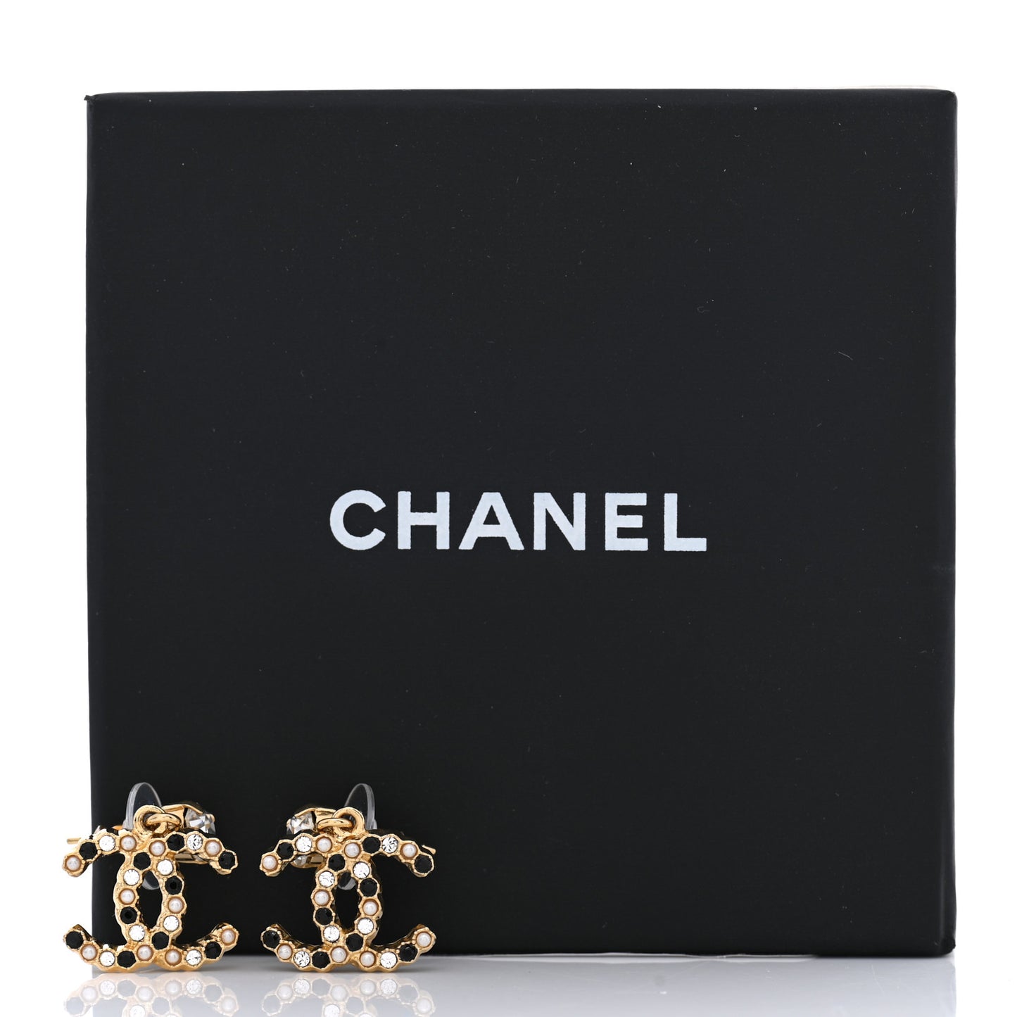 Resin Crystal Pearl CC Drop Earrings Gold Black