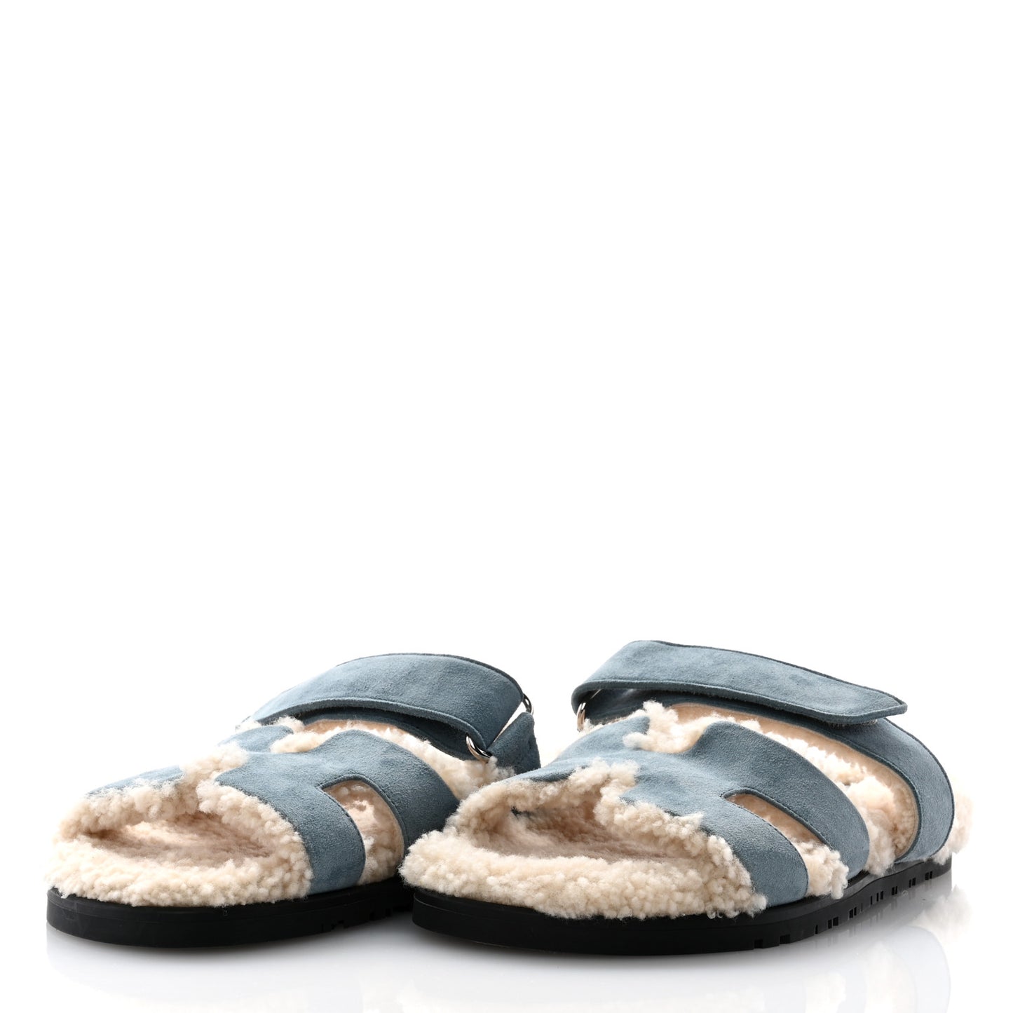 Suede Goatskin Woolskin Womens Chypre Sandals 38 Bleu Pinede Ecru