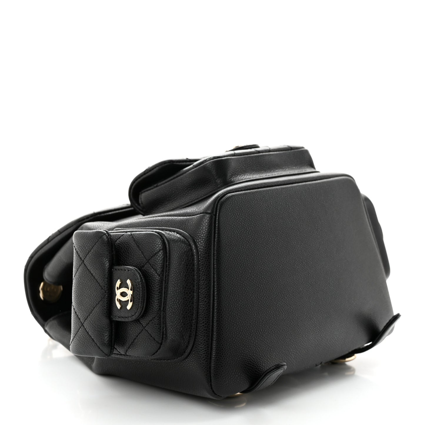 Shiny Caviar Quilted Small Pockets Drawstring Backpack Black