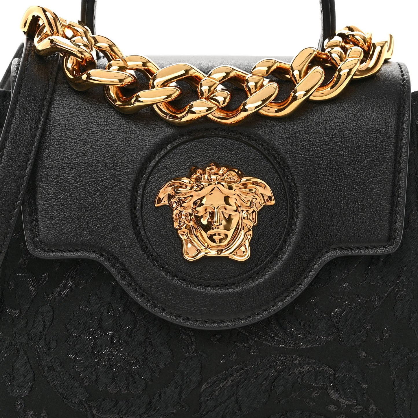 Calfskin Lurex Cloquet Small La Medusa Chain Top Handle Handbag Black