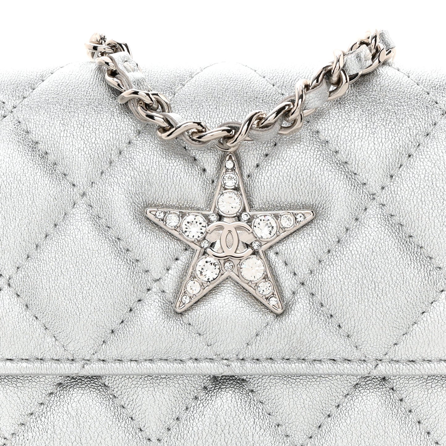 Metallic Goatskin Quilted Star Flap Waist Belt Bag Silver