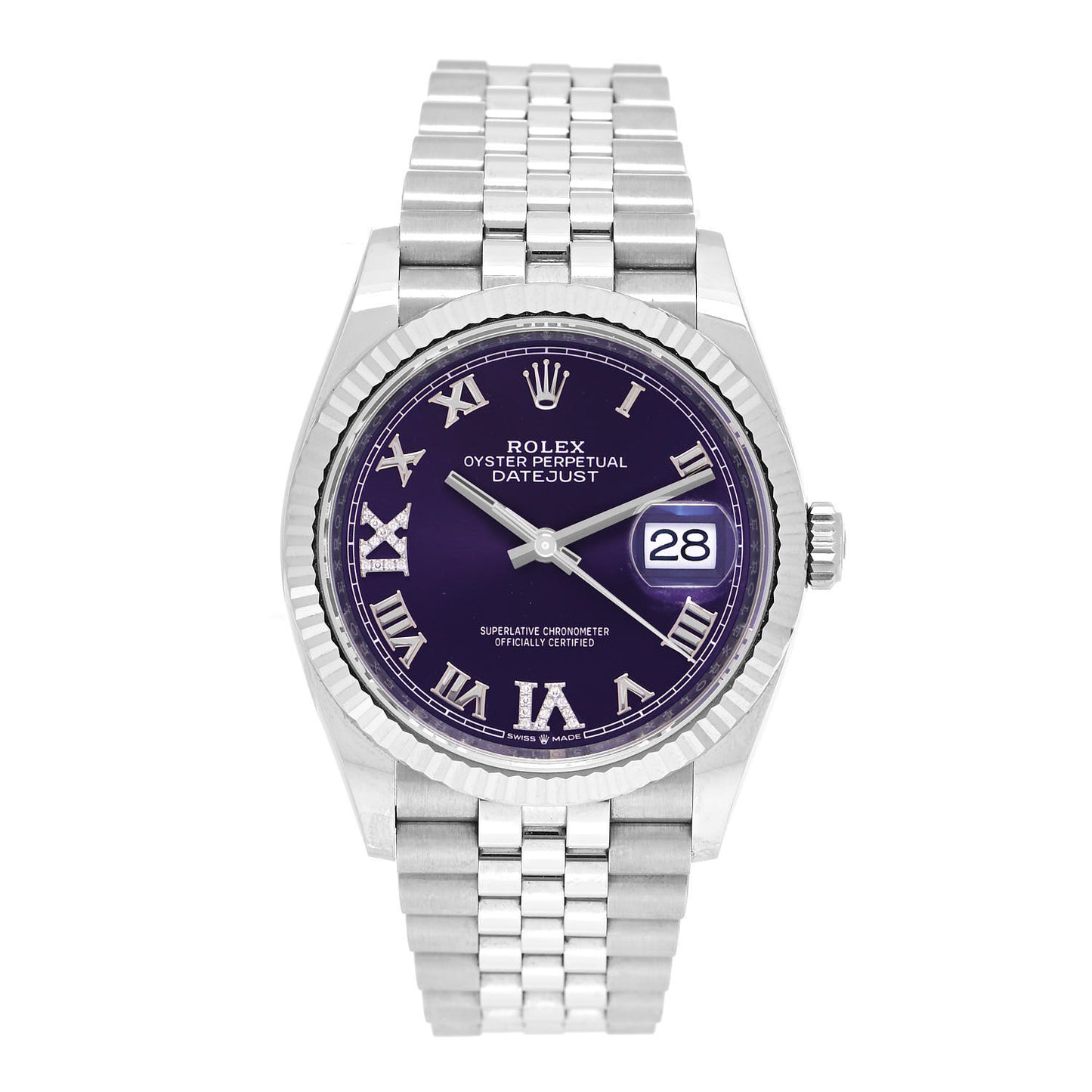 Stainless Steel 18K White Gold Diamond 36mm Oyster Perpetual Datejust Watch Aubergine Roman 126234