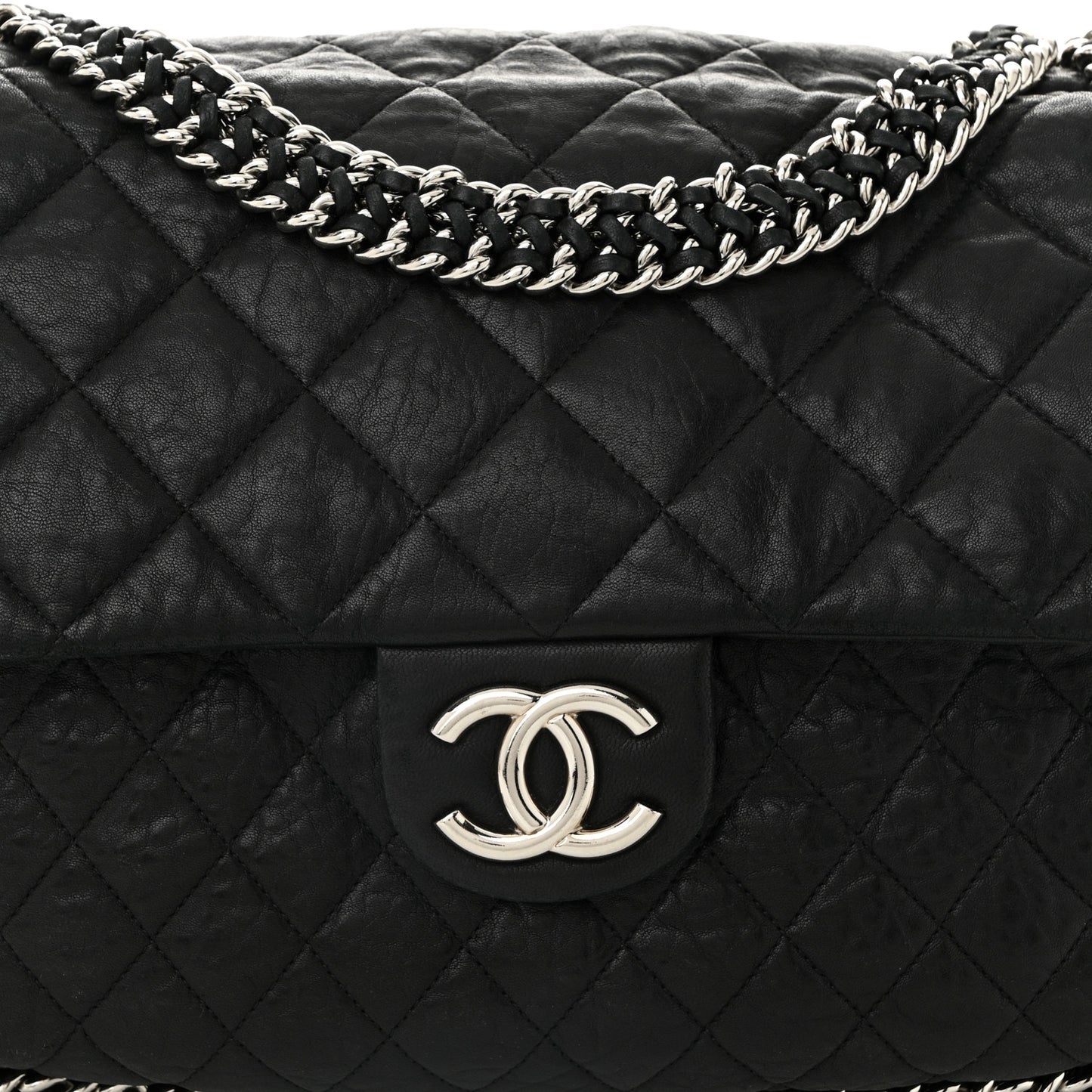 Washed Lambskin Quilted Maxi Chain Around Flap Black