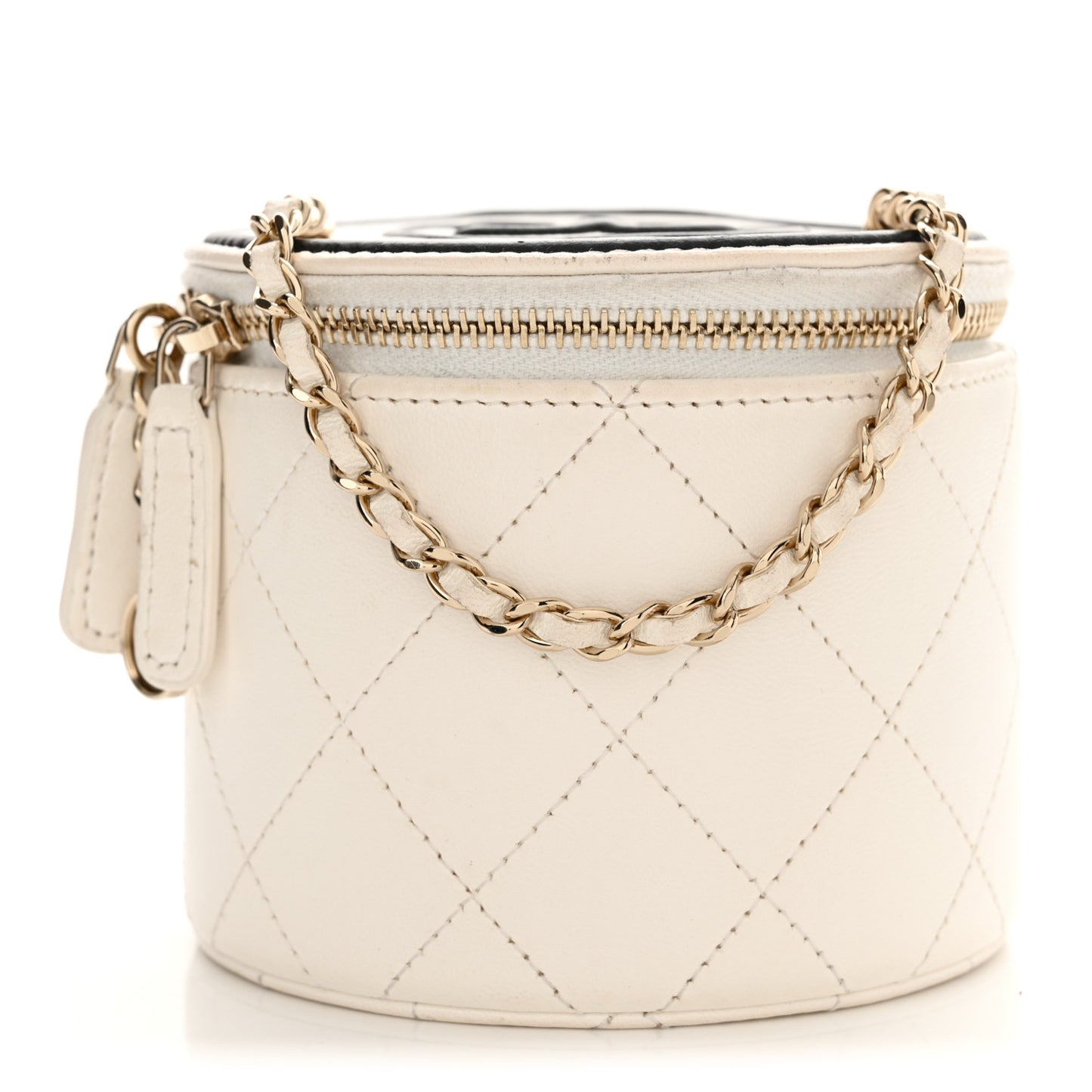 Lambskin Quilted Round Small Vanity Case With Chain White Black