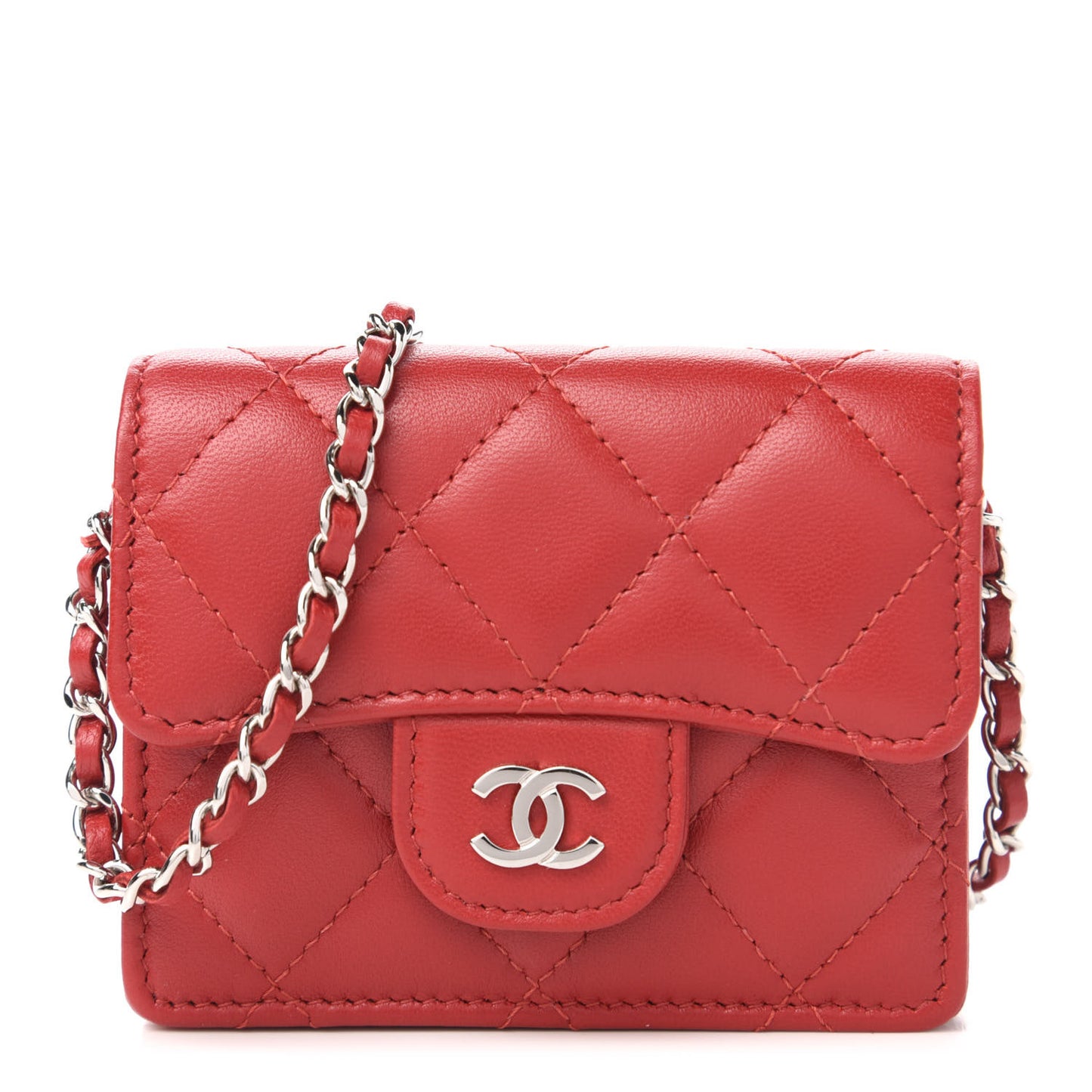 Lambskin Quilted Flap Card Holder On Chain Red