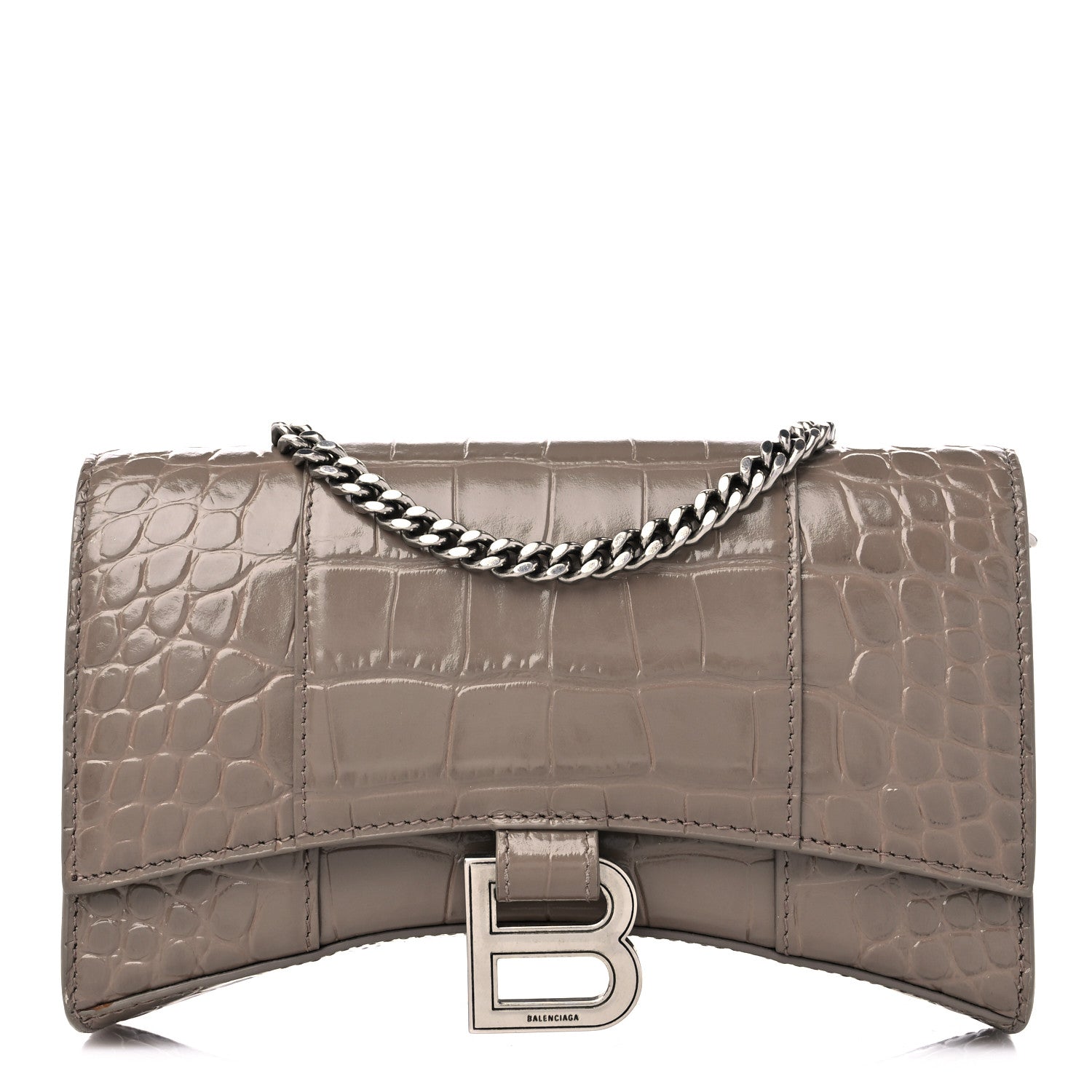 Balenciaga Shiny Calfskin Crocodile Embossed Hourglass Chain Bag Taupe 1 of 12