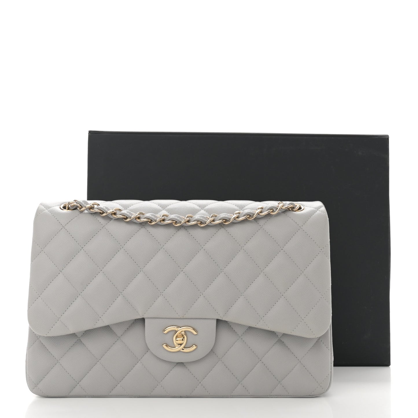 Caviar Quilted Jumbo Double Flap Grey