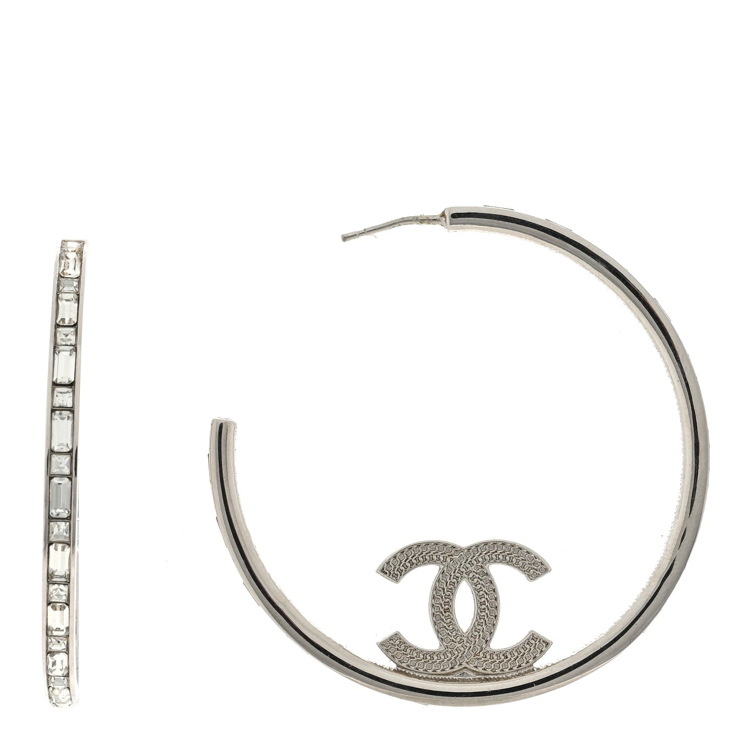 Chanel Metal Crystal Baguette CC Large Hoop Earrings Silver 1 of 5