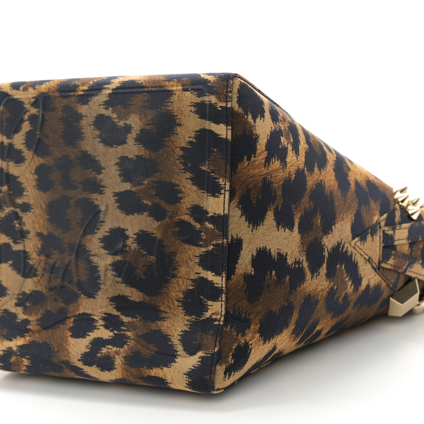 Crepe Satin Leopard Print Empire Spike Studded Mini Cabachic Bucket Bag Brown