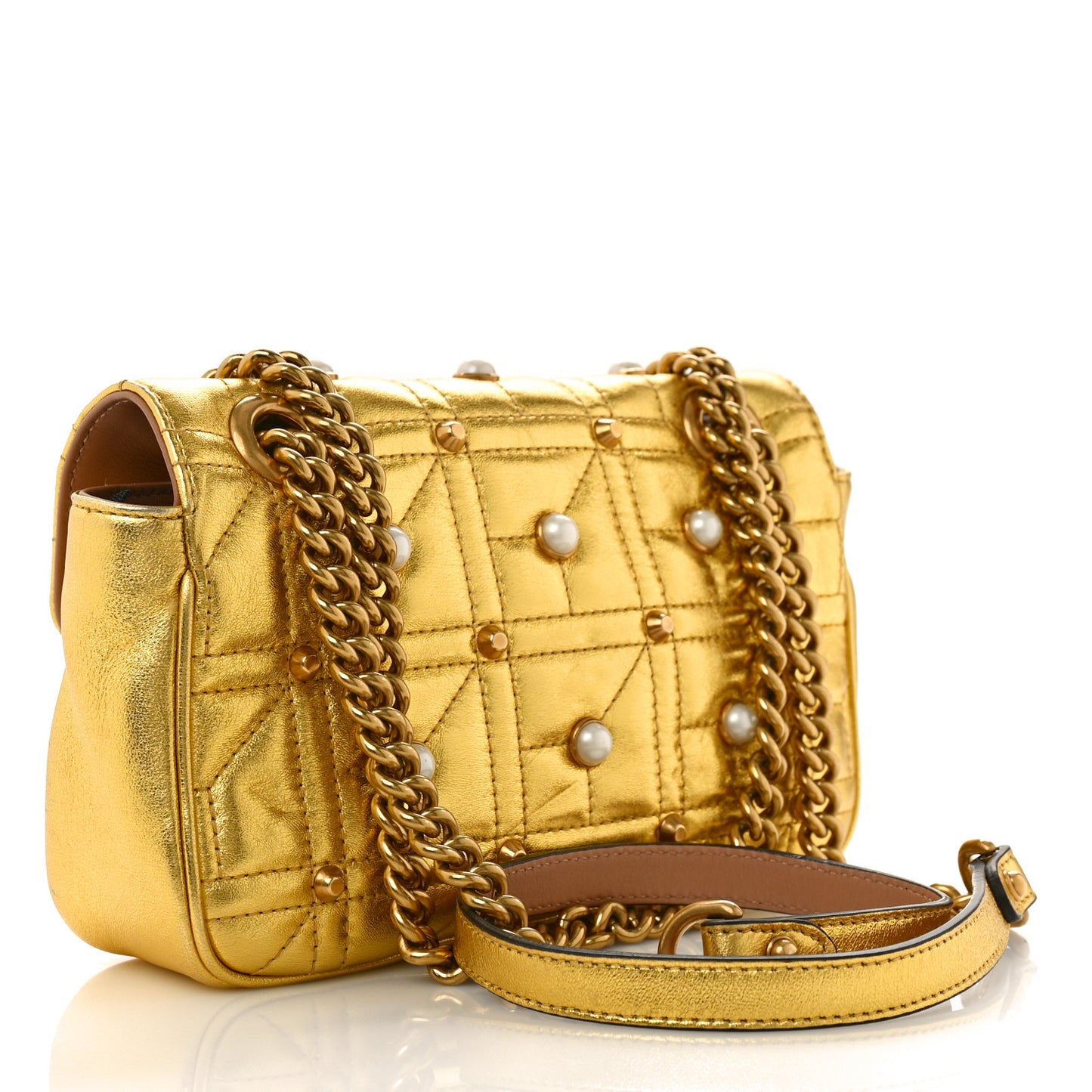 Metallic Calfskin Matelasse Studded Mini Pearly GG Marmont Shoulder Bag Gold