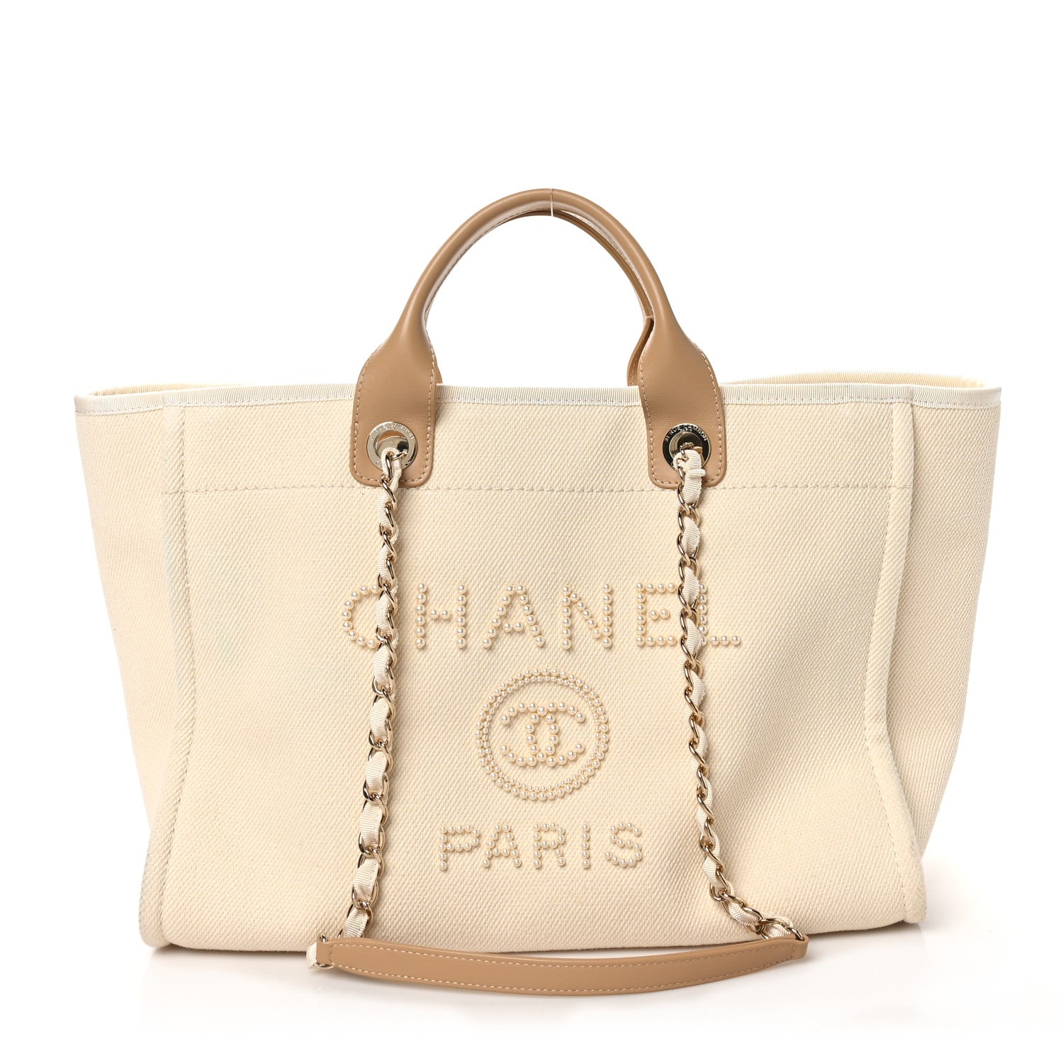 Chanel Canvas Pearl Medium Deauville Tote Ecru Beige 1 of 9