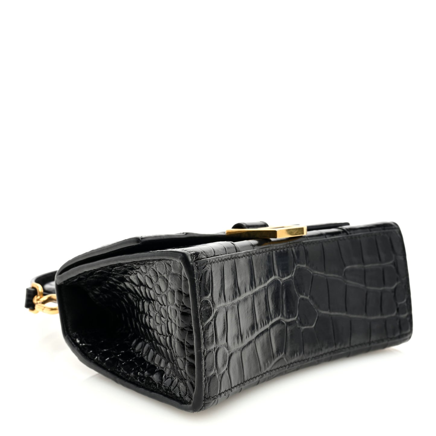 Shiny Calfskin Crocodile Embossed Hourglass Top Handle Bag XS Black