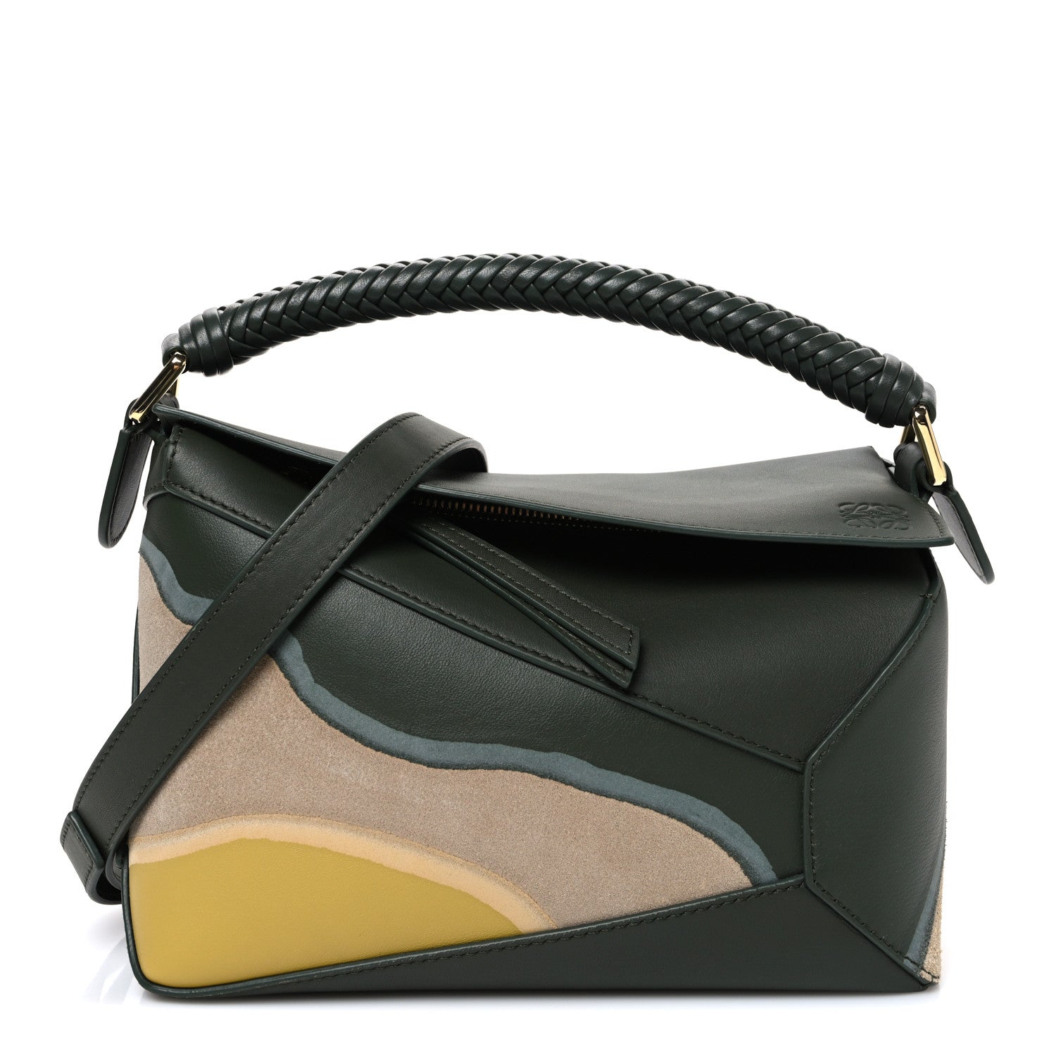 Loewe Calfskin Landscape Small Puzzle Bag Bottle Green Ochre