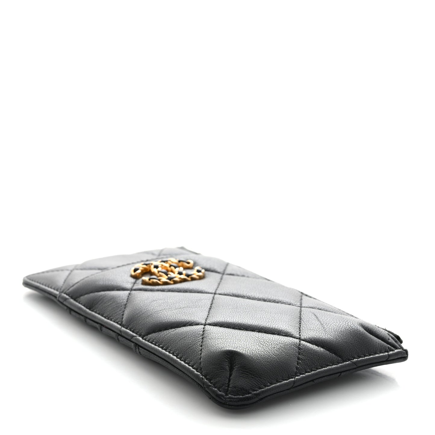 Shiny Goatskin Quilted Chanel 19 Phone and Card Holder Black