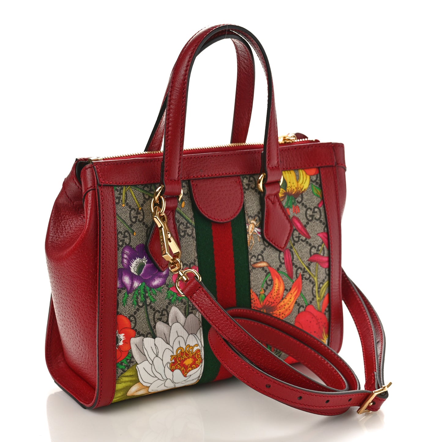GG Supreme Monogram Flora Web Small Ophidia Tote Bag Red