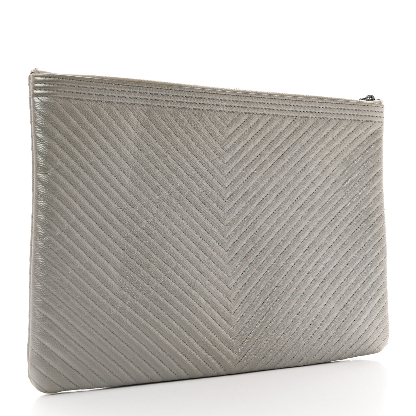 Metallic Caviar Chevron Quilted Large Boy Cosmetic Case Silver