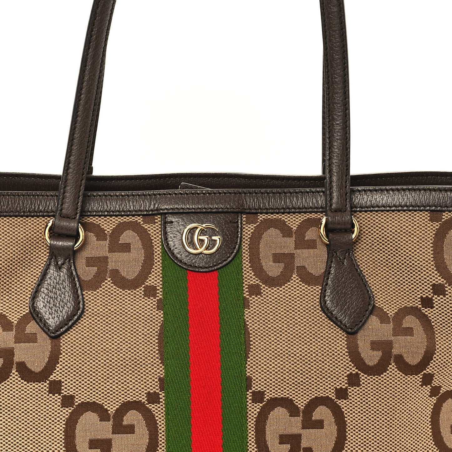 Monogram Jumbo GG Textured Dollar Calfskin Web Medium Ophidia Shopping Tote Camel Ebony