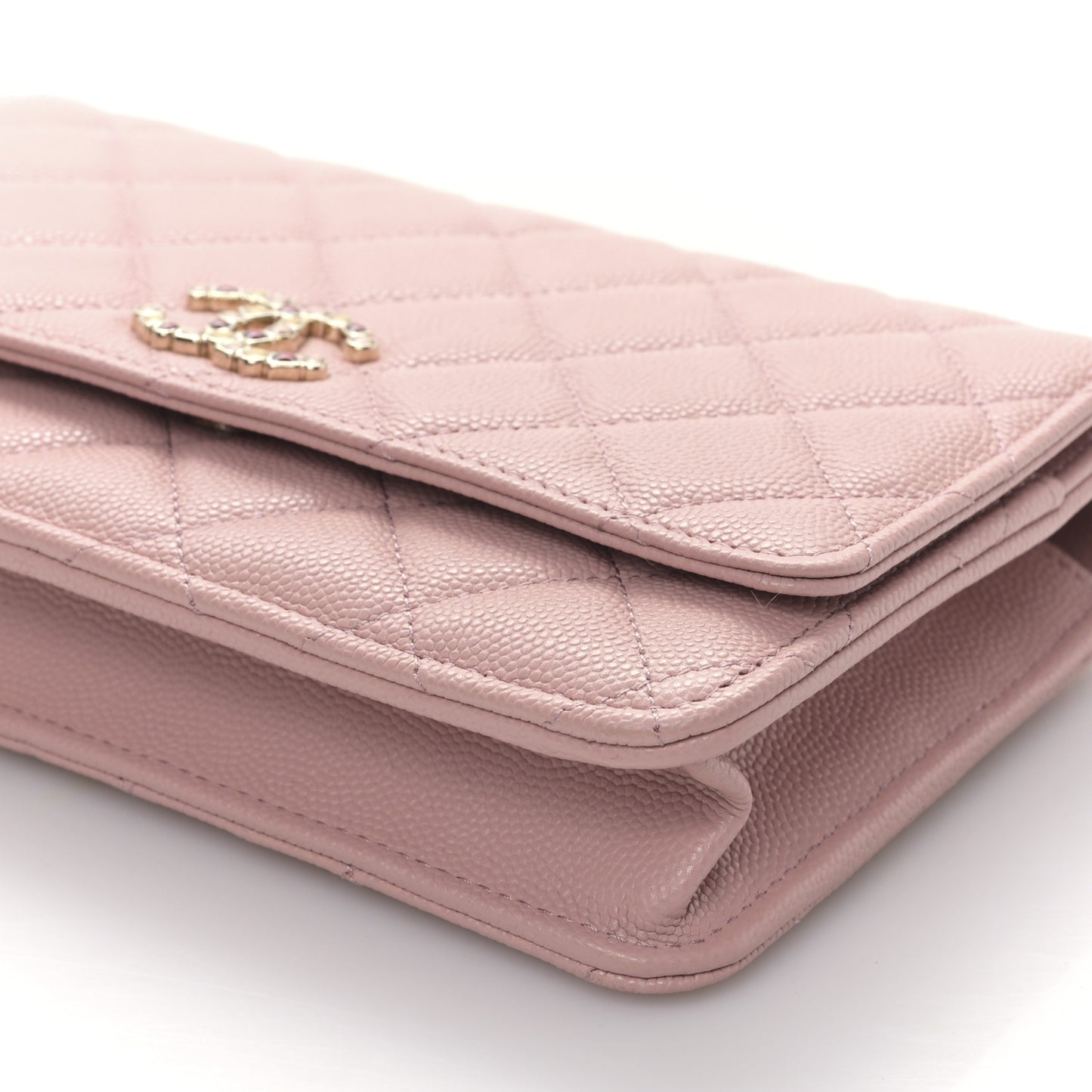 Shiny Caviar Enamel Quilted CC Wallet On Chain WOC Pink