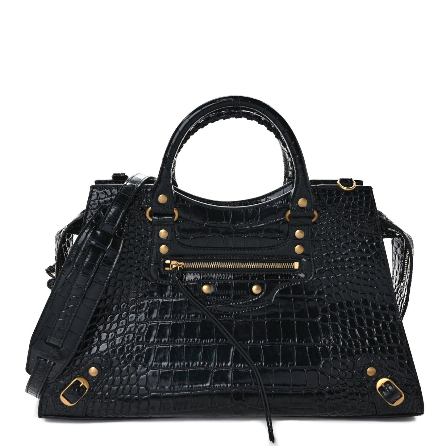 Shiny Supple Calfskin Crocodile Embossed Brass Hardware Neo Classic City Black