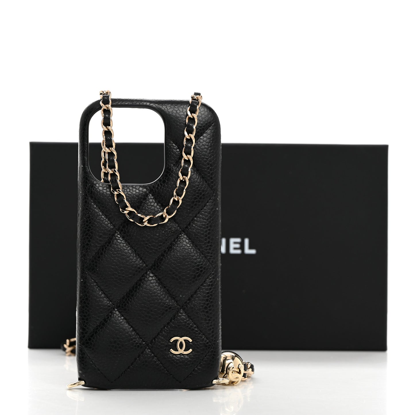 Caviar Quilted Pearl Crush iPhone 16 Pro Case With Chain Black