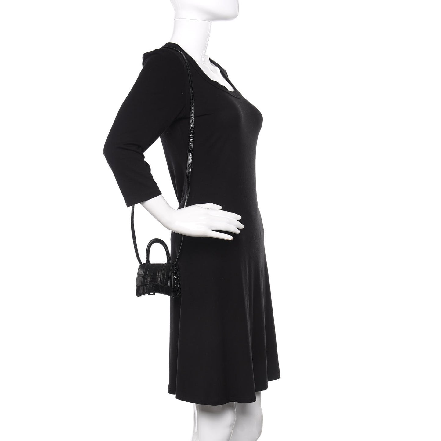 Shiny Calfskin Monochrome Crocodile Embossed Hourglass Top Handle Bag Mini Black