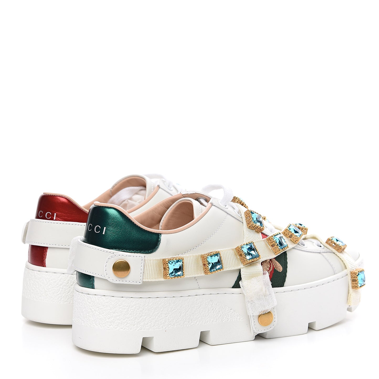 Calfskin Removable Crystals Bee Embroidered Womens Ace Platform Sneakers 37 White