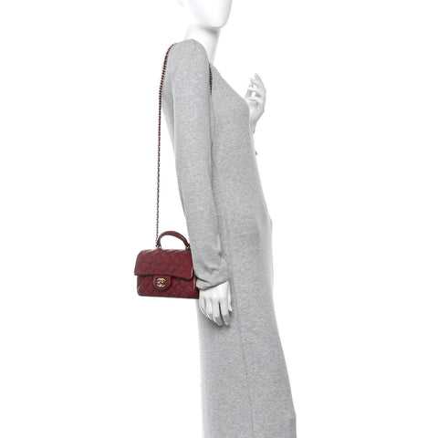 Lambskin Quilted Mini Top Handle Rectangular Flap Burgundy