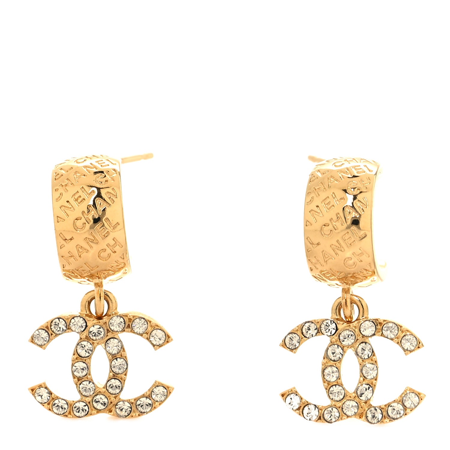 Chanel Metal Crystal CC Logo Hoop Drop Earrings Gold 1 of 5