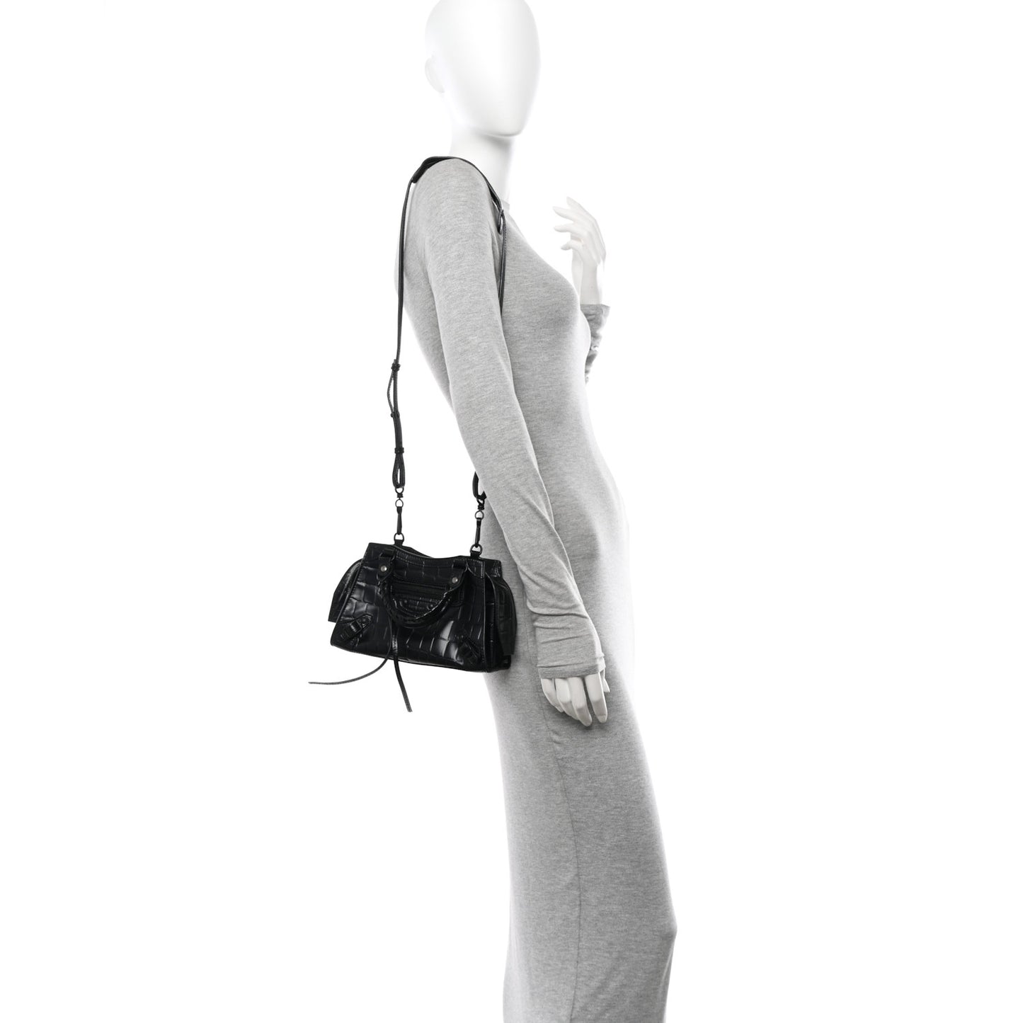 Semi Shiny Calfskin Crocodile Embossed Neo Classic Black Hardware Mini City Black