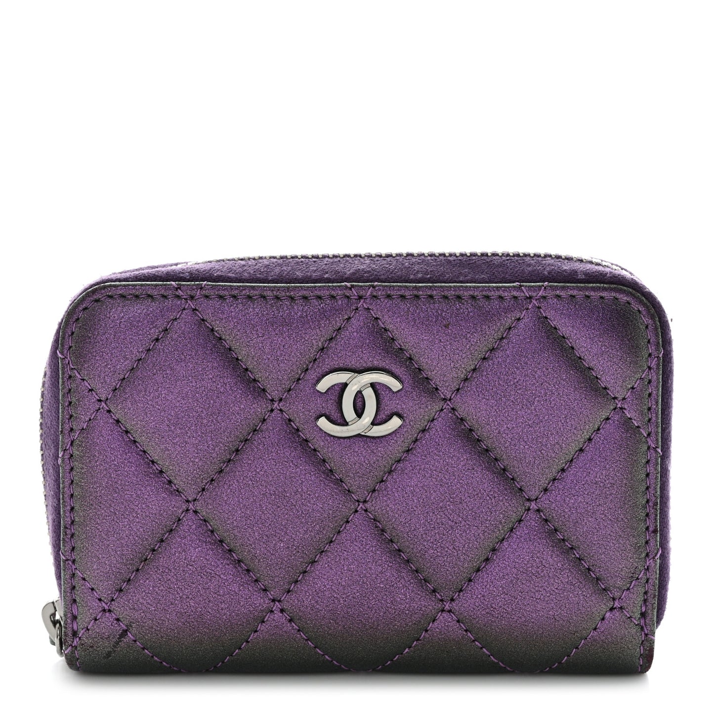 Metallic Lambskin Quilted Zip Around Coin Purse Wallet Purple