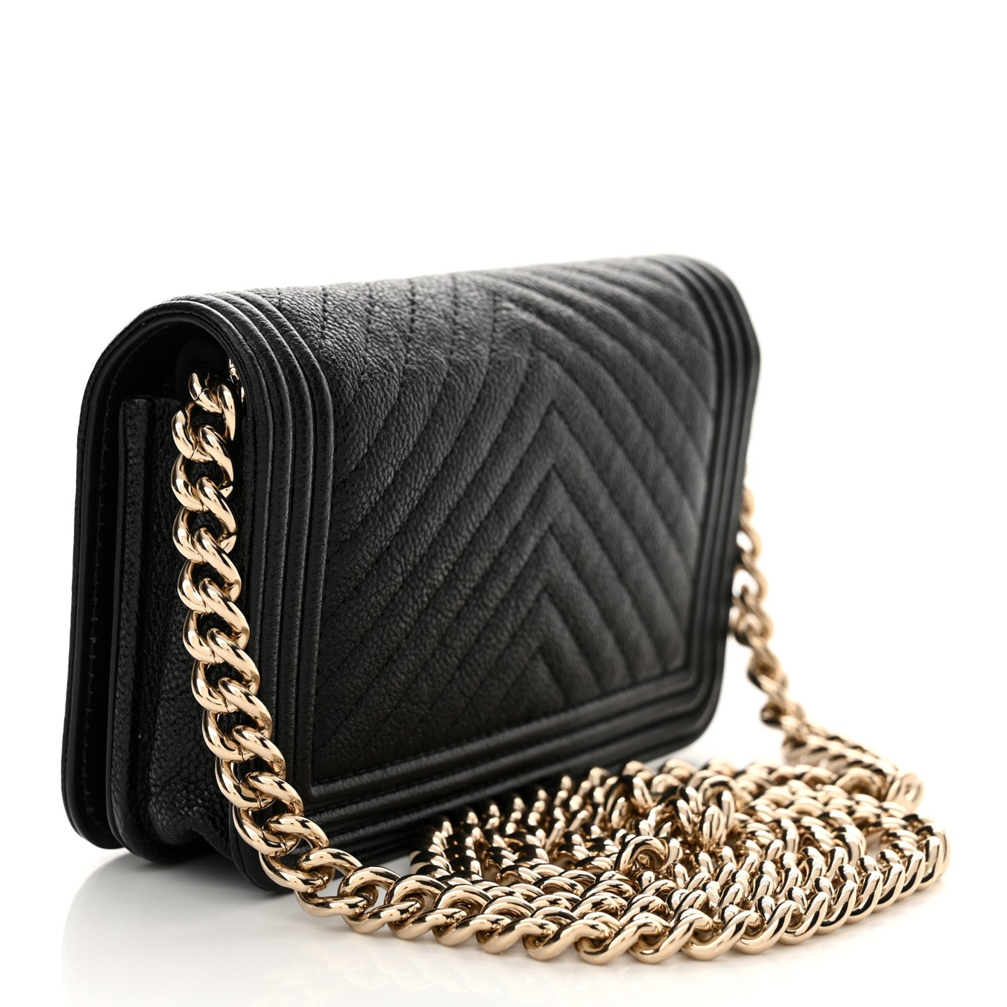 Caviar Chevron Quilted Mini Boy Wallet On Chain WOC Black