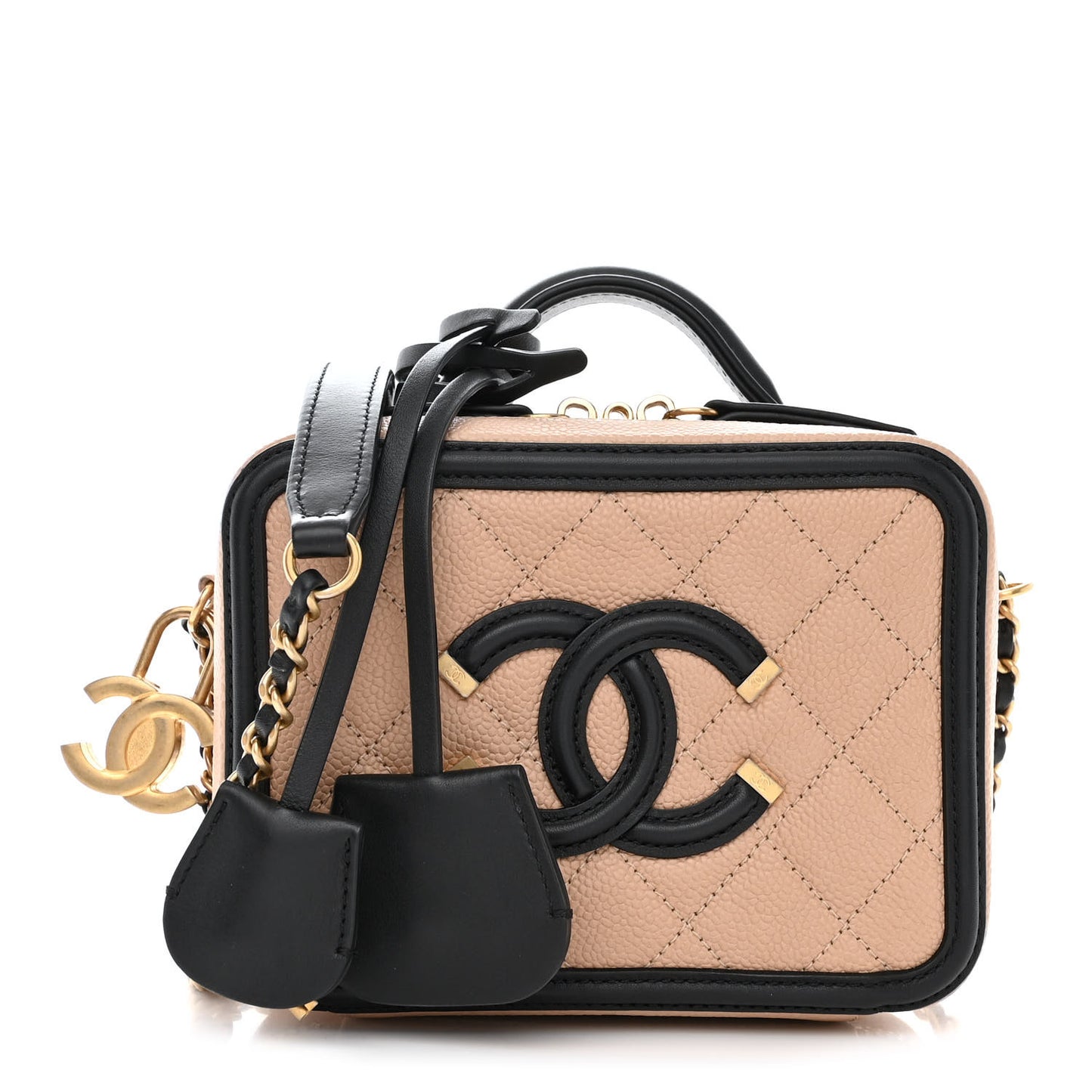Caviar Quilted Small CC Filigree Vanity Case Beige Black