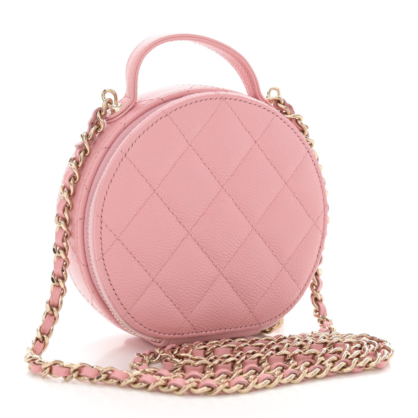 Caviar Quilted Round Handle With Care Vanity With Chain Pink