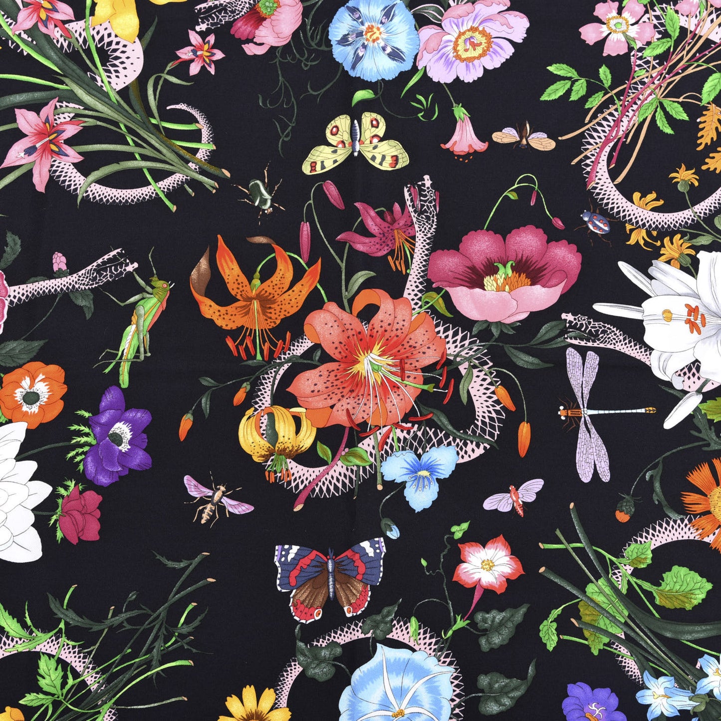 Silk Twill Flora Snake Square Scarf Black Pink