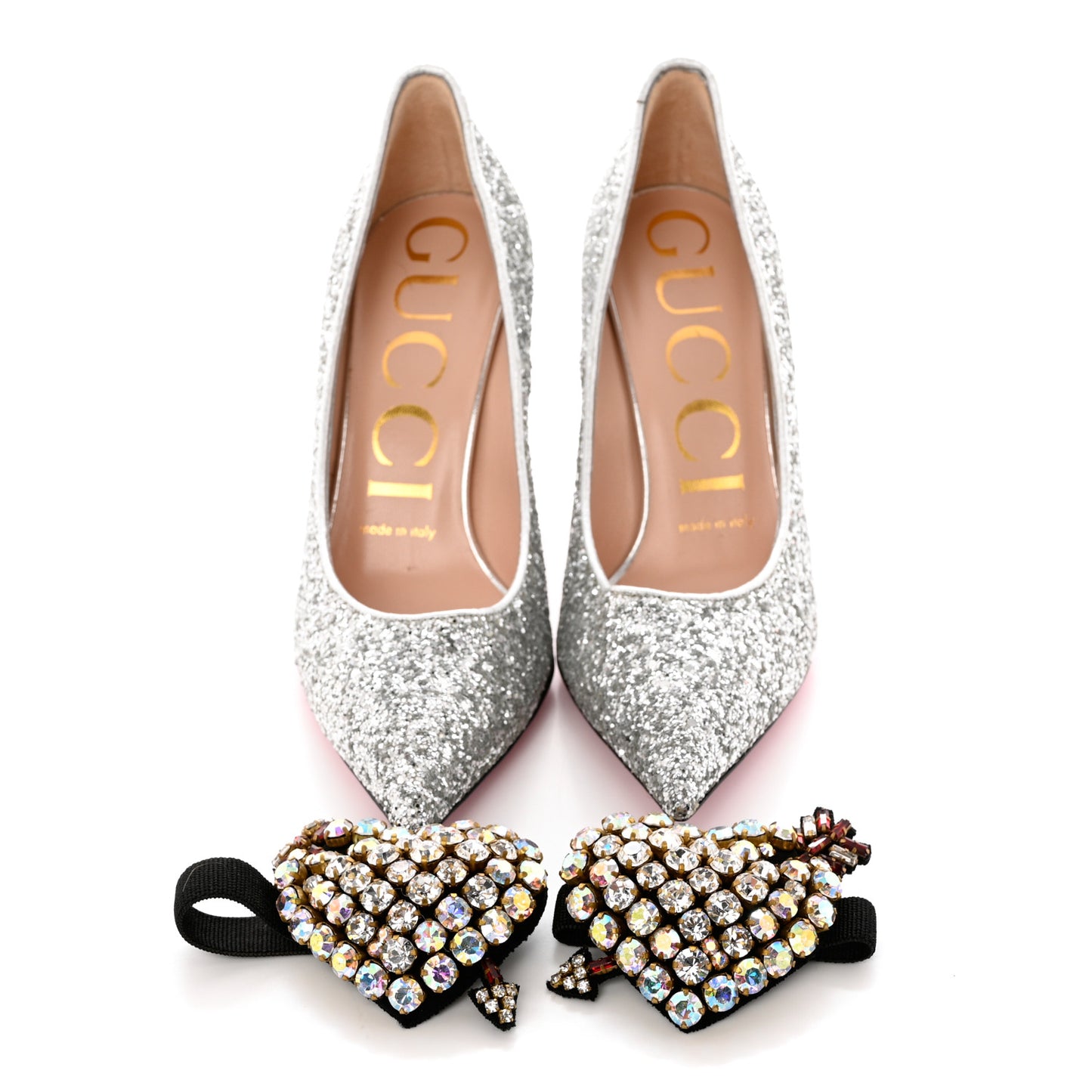 Nappa Silk Glitter Removable Crystal Heart Pumps 36 Argento