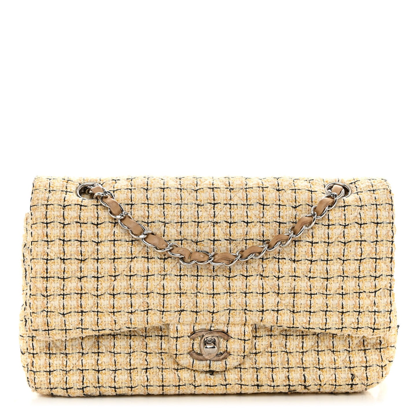 Tweed Quilted Medium Double Flap Beige Multicolor