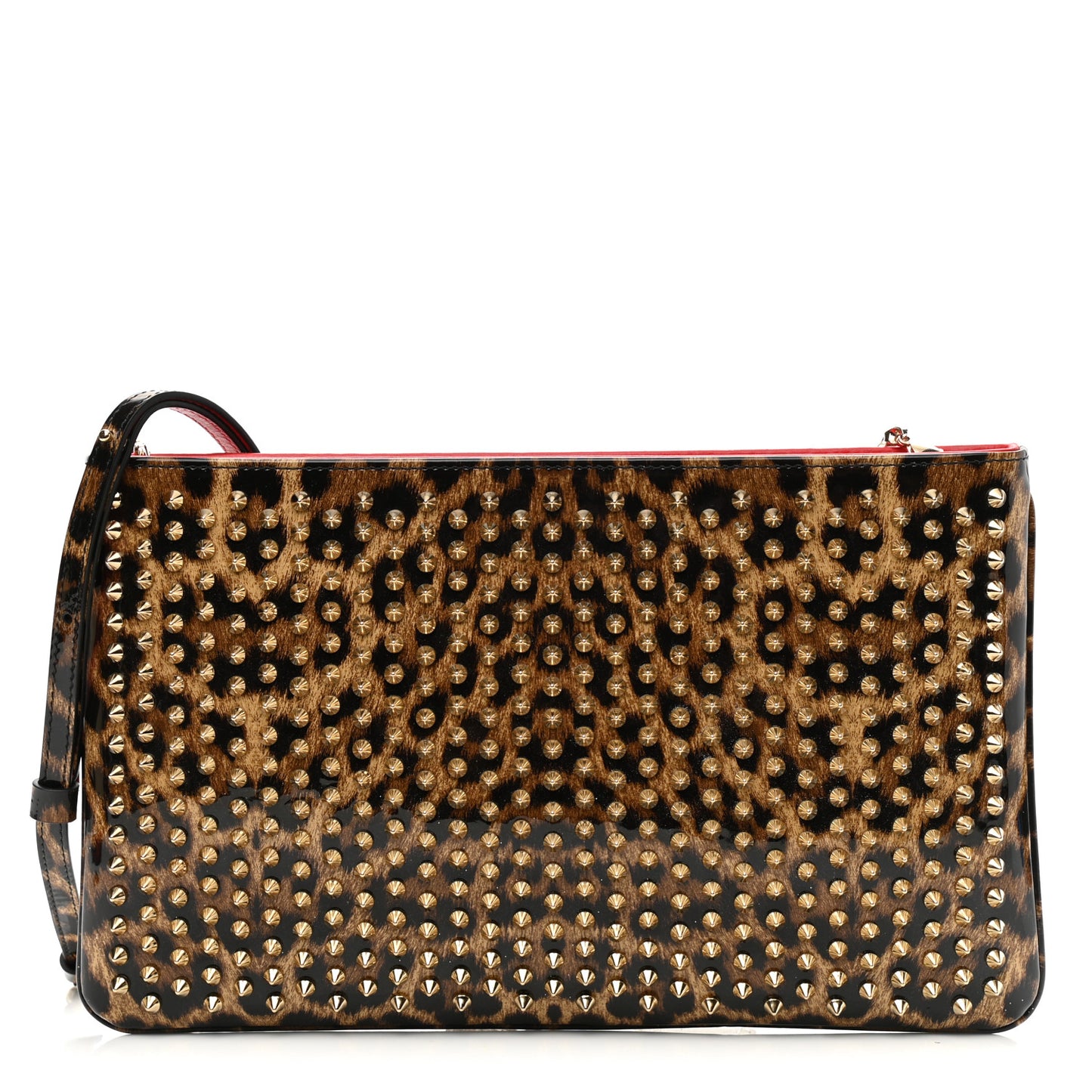 Patent Leopard Print Loubiposh Spiked Crossbody Clutch