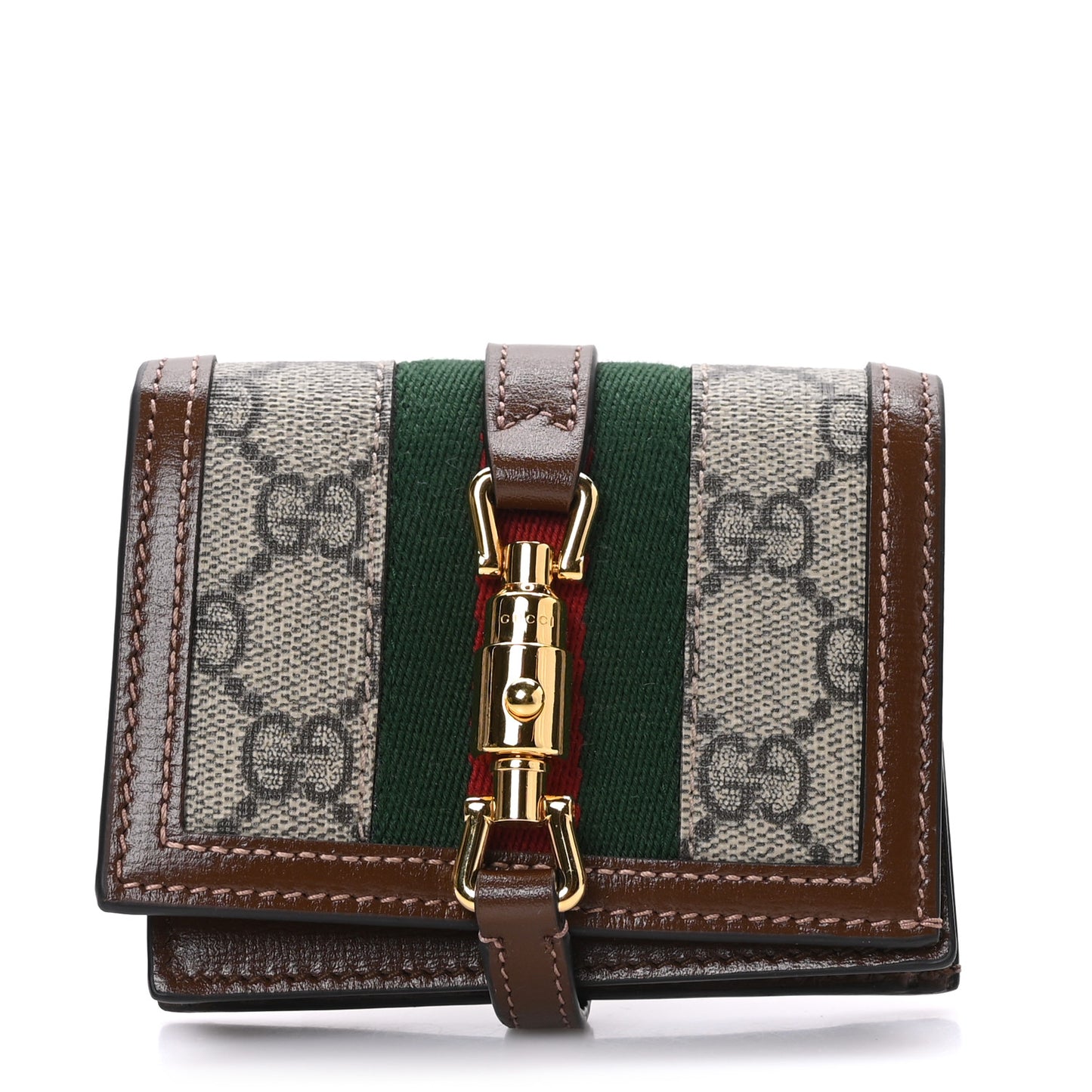 GG Supreme Monogram Textured Calfskin Web Jackie 1961 Card Case Beige Ebony Brown Sugar