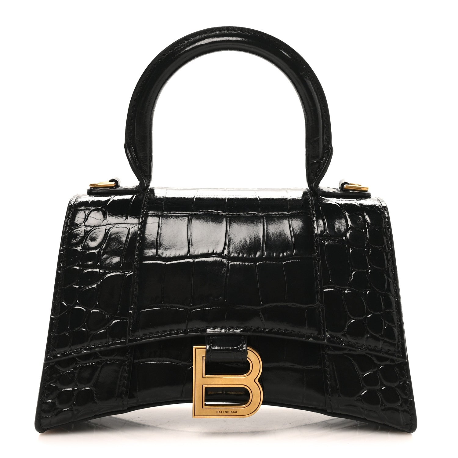 Balenciaga Shiny Calfskin Crocodile Embossed Hourglass Top Handle