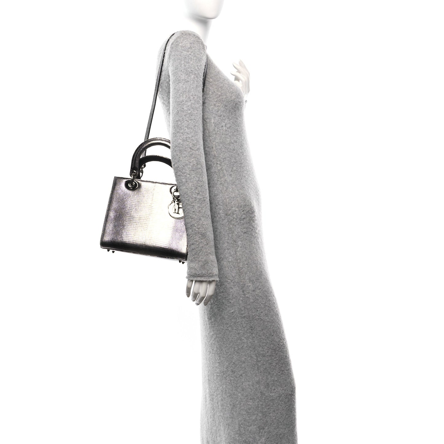 Metallic Lizard Medium Lady Dior Silver