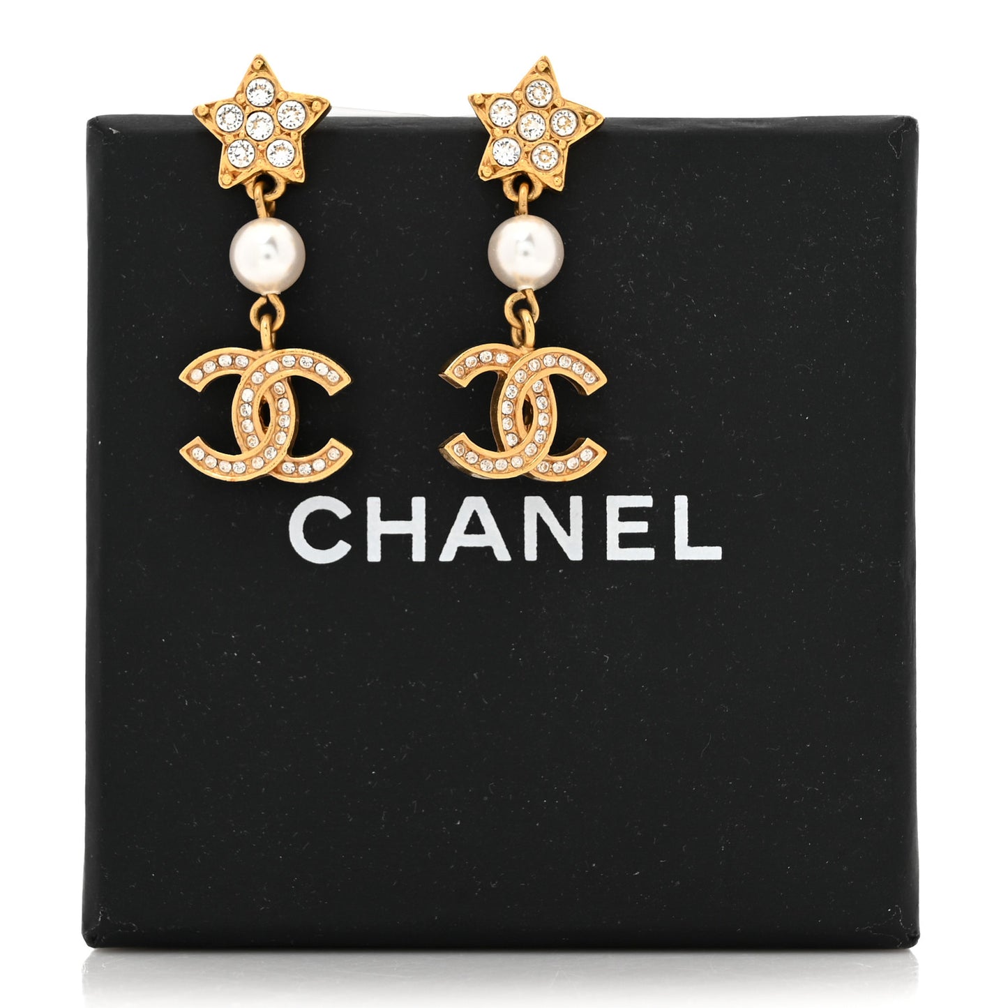 Metal Crystal Pearl CC Star Drop Earrings Gold Pearly White