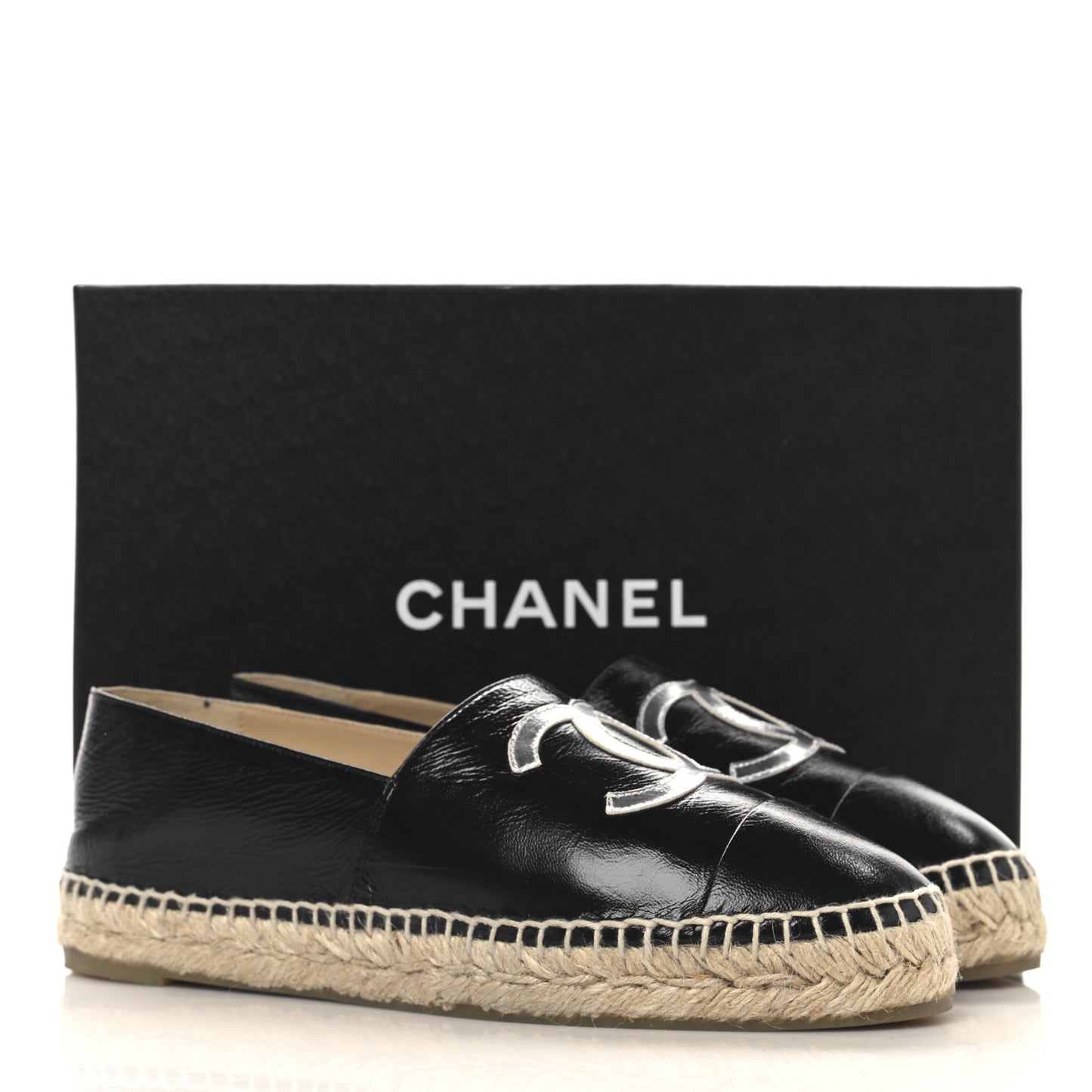 Patent Calfskin Metallic Goatskin CC Espadrilles 40 Black Silver