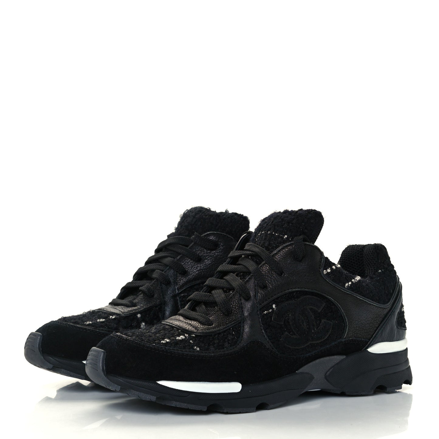 Tweed Suede Goatskin CC Sneakers 37 Black White