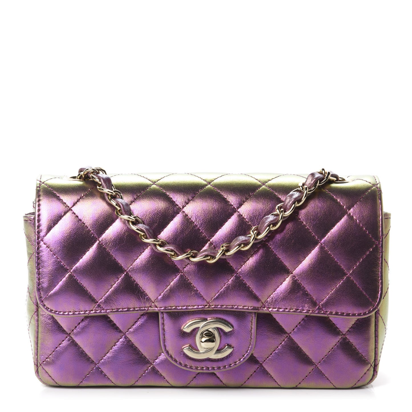 Iridescent Lambskin Quilted Mini Rectangular Flap Purple