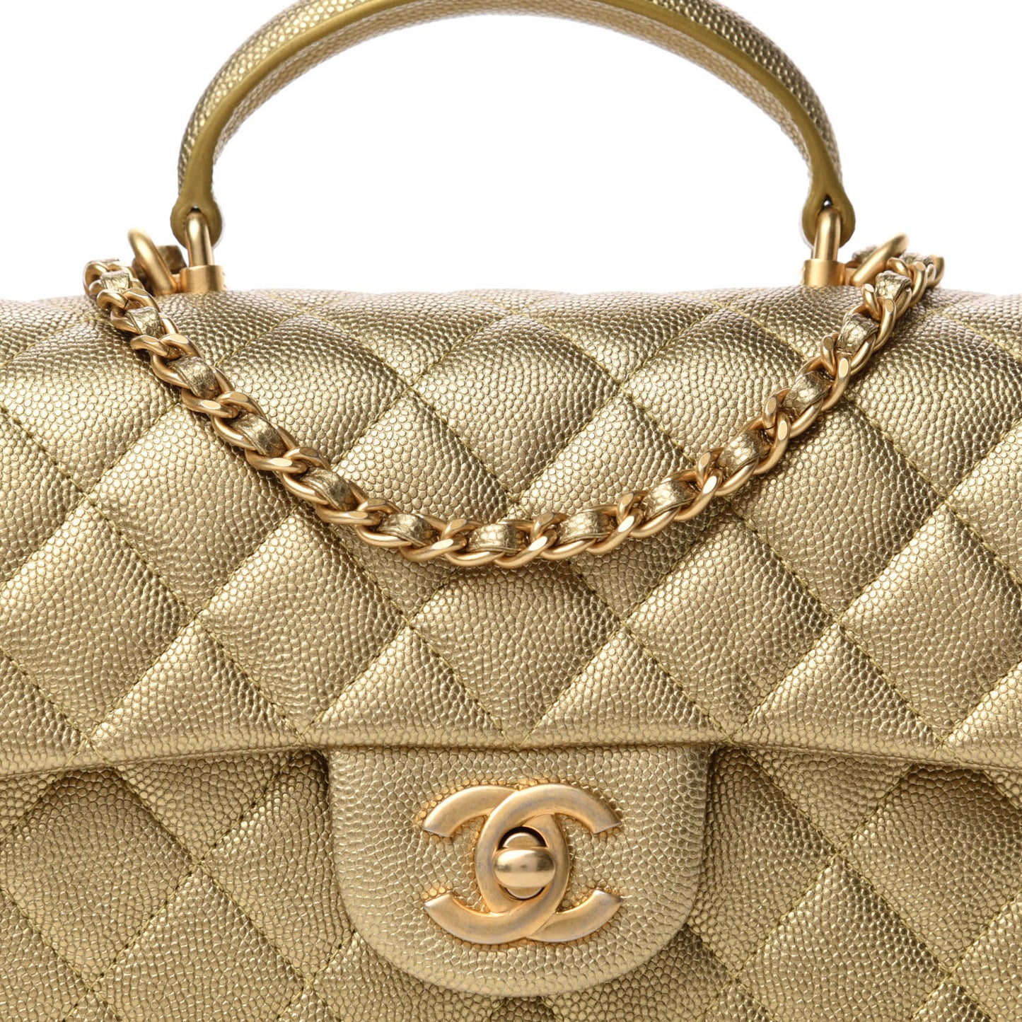 Metallic Caviar Quilted Mini Top Handle Rectangular Flap Gold
