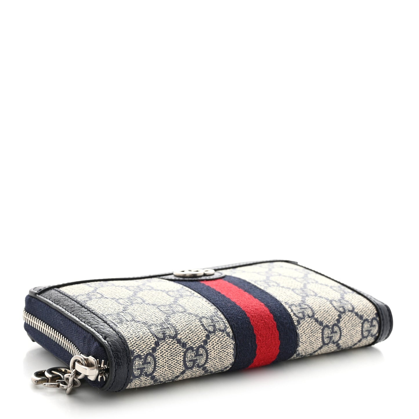 GG Supreme Monogram Textured Dollar Calfskin Web Ophidia Zip Around Wallet Beige Blue