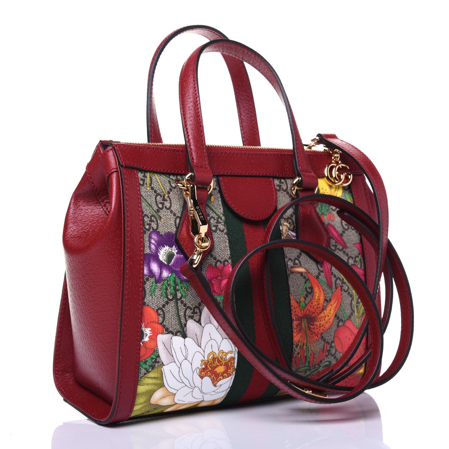 GG Supreme Monogram Flora Web Small Ophidia Tote Bag Red