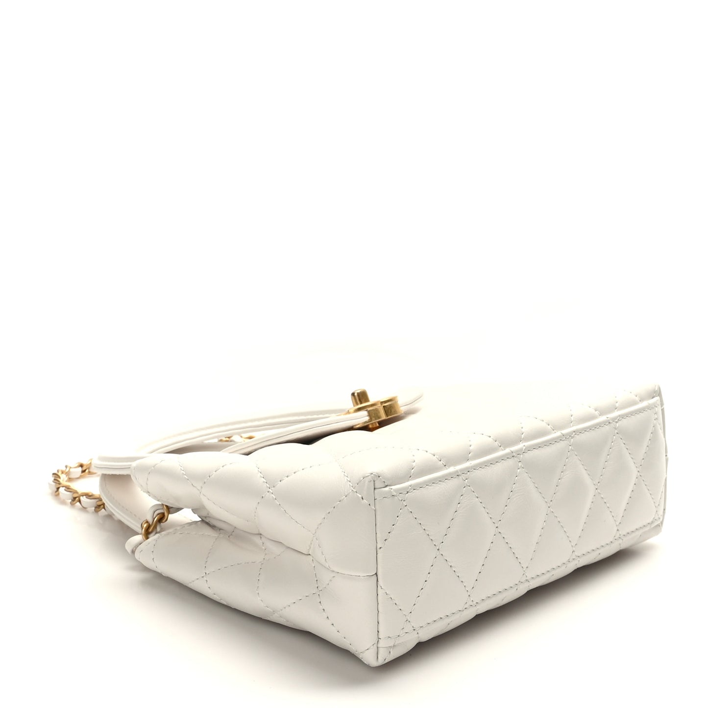 Shiny Aged Calfskin Quilted Nano Kelly Shopper White