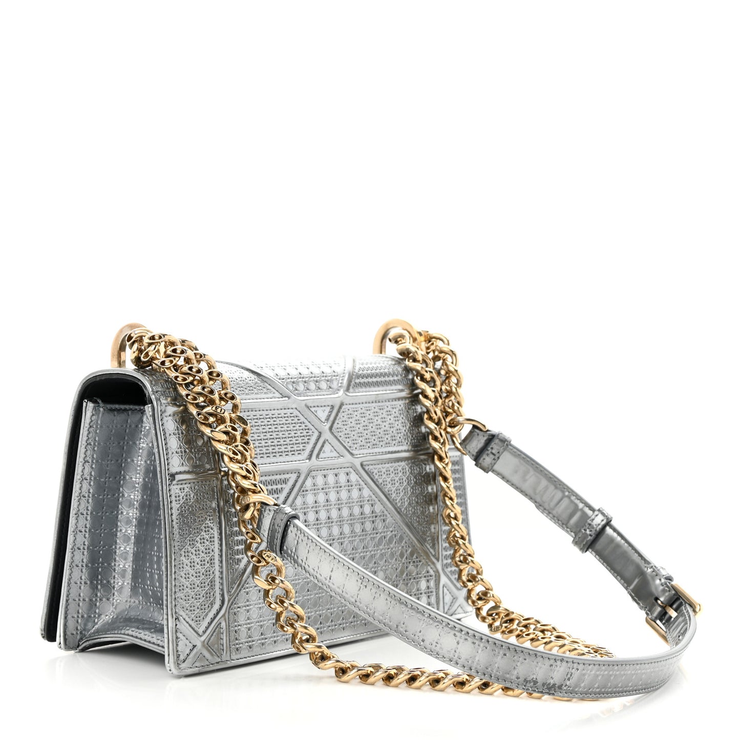 Metallic Patent Micro-Cannage Small Diorama Flap Bag Silver