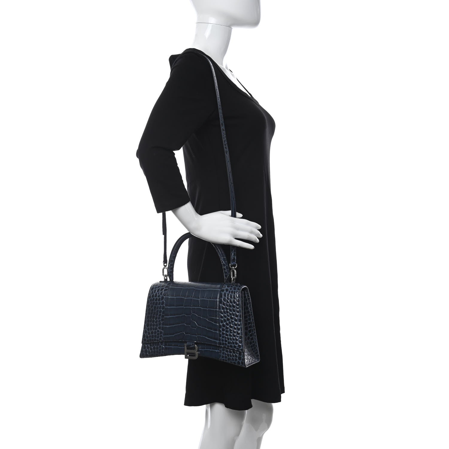 Balenciaga Shiny Calfskin Crocodile Embossed Medium Hourglass Top Handle Bag Denim Blue 2 of 11